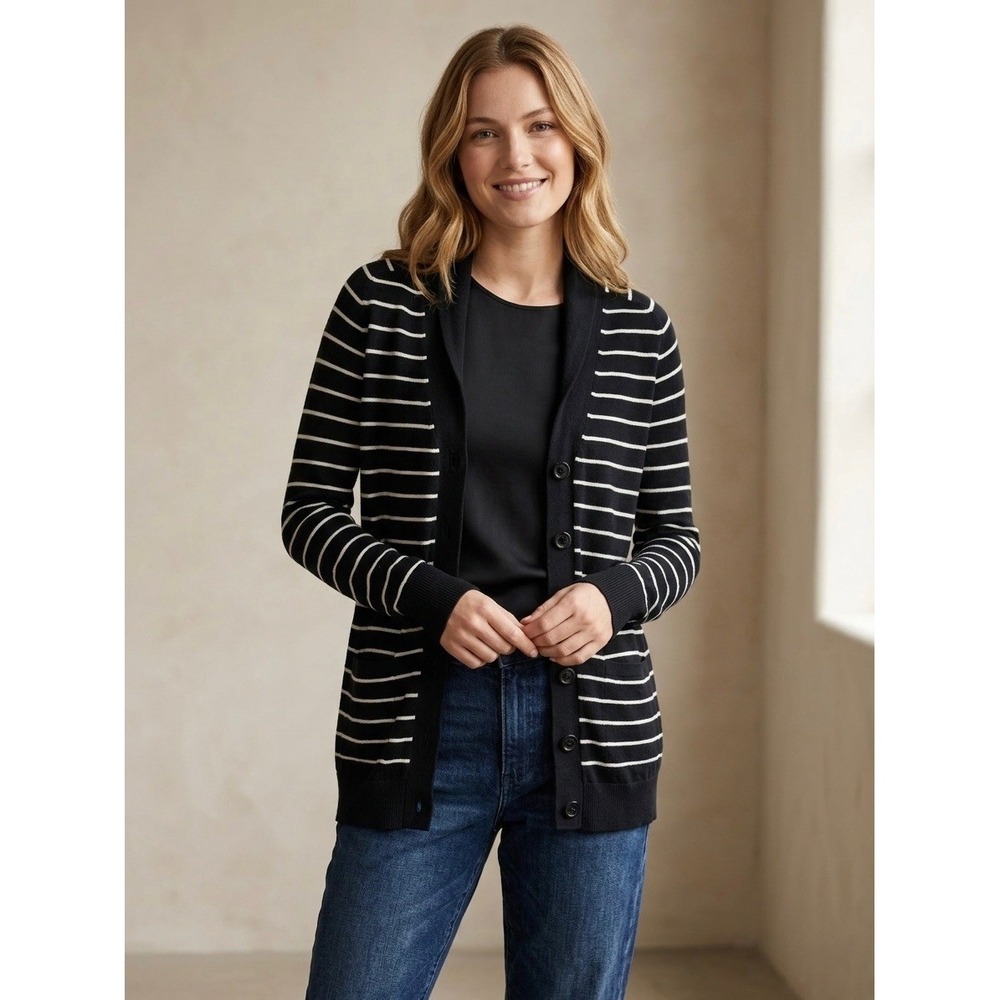 Vince Womens Navy Blue White Striped Cotton Shawl Collar Cardigan Sweater Size S
